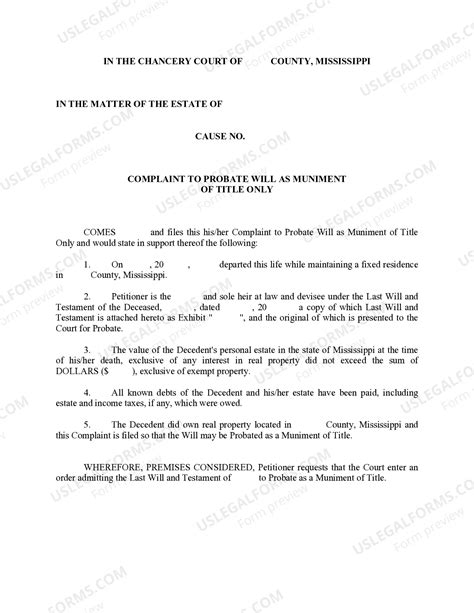 Mississippi Complaint to Probate Will as Muniment of Title | US Legal Forms