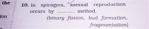 In spirogyra asexual reproduction occurs by method - Brainly.in