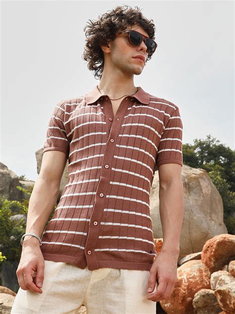 Campus Sutra Men's Sienna Brown Horizontal-Striped Knit Shirt - Campussutra