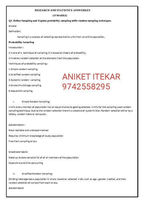 Research Methods and Statistical Techniques: Answer Key (15 Marks ...