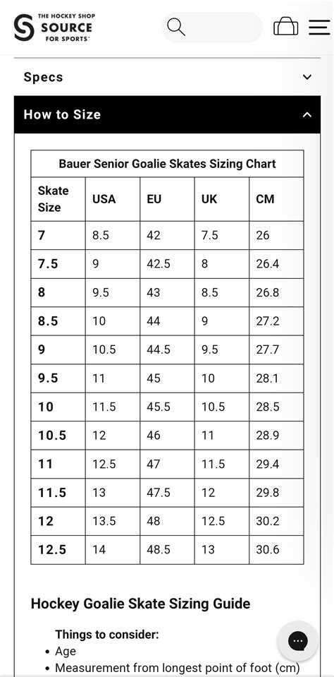 Hockey Skate Sizing Guide