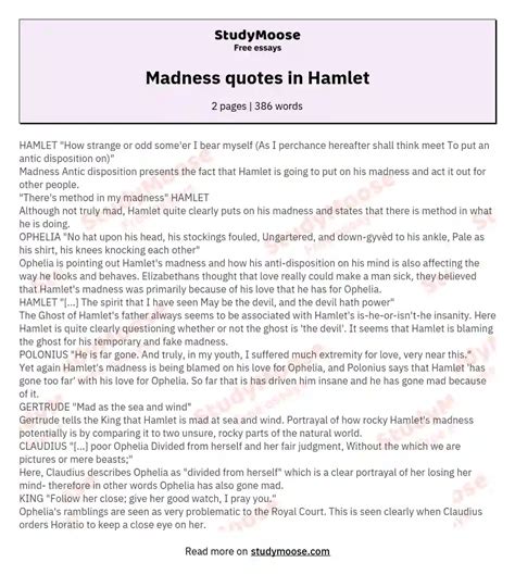 Madness quotes in Hamlet Free Essay Example