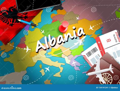 Albania Travel Concept Map Background with Planes, Tickets. Visit Albania Travel and Tourism ...