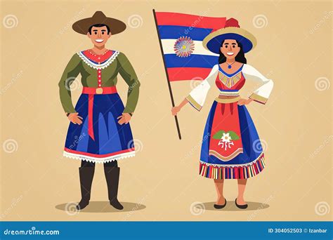 Costa Ricans in National Dress with a Flag. Man and Woman in ...
