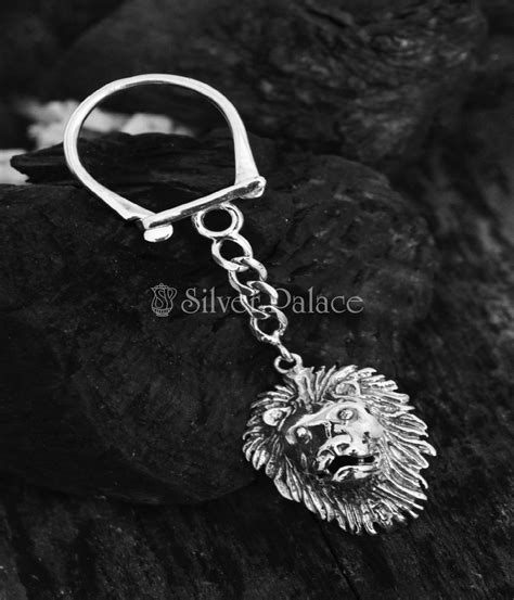 925 Pure Oxidised Silver Lion Face Keychain For Men - Silver Palace