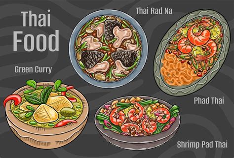 Thai popular food a set of classic dishes cartoon hand drawn ...