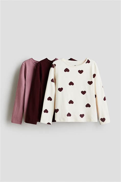 3-pack long-sleeved tops - Dark red/Hearts - Kids | H&M IN