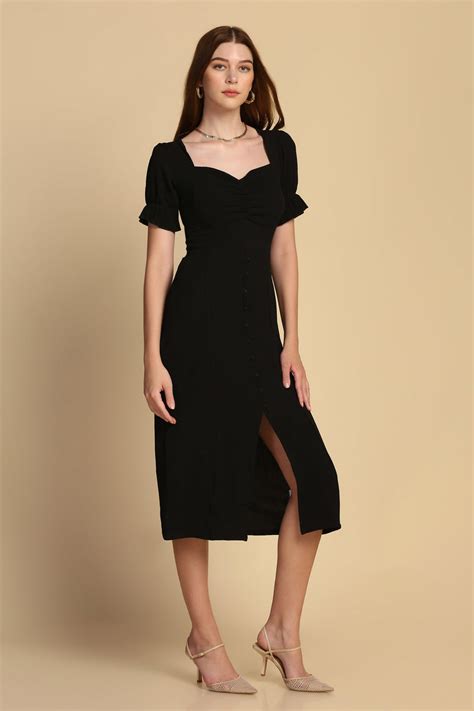 Buttoned Front Slit Dress - Black – Starin