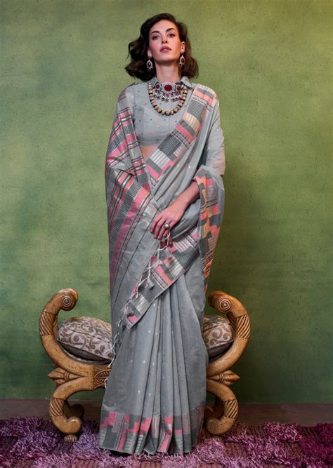 Pure Handloom Cotton Silk Grey Saree USA Online Shopping For Women – Sunasa