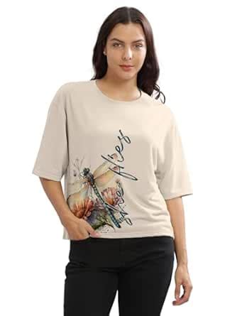 Buy HELLCAT Beige Printed Loose Fit Crew-Neck Crop T-Shirt for Women ...