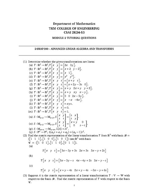 24MAP300 Advanced Linear Algebra Module 2 Tutorial Questions - Studocu