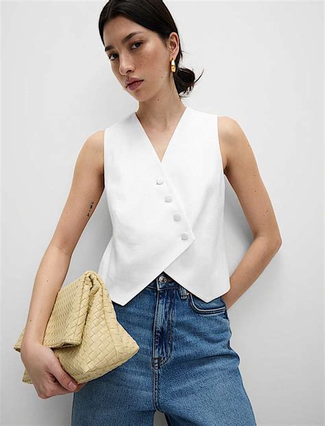 Buy Linen Rich Twill Textured Asymmetric Waistcoat at Marks & Spencer