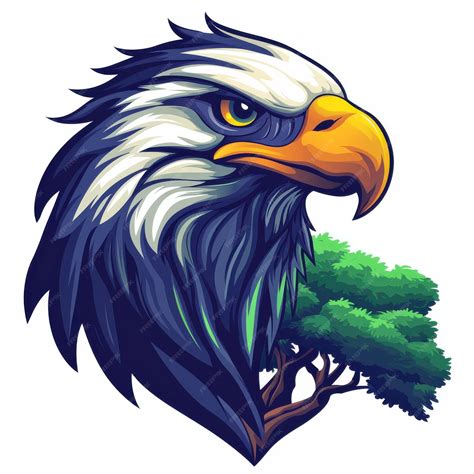 Fierce bald eagle head illustration with green forest background ...