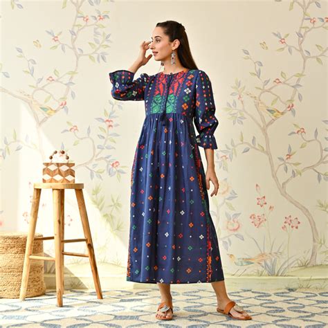 Buy Navy Blue Jamdani Inspired Cotton Dress with Front Tie Up Detail ...