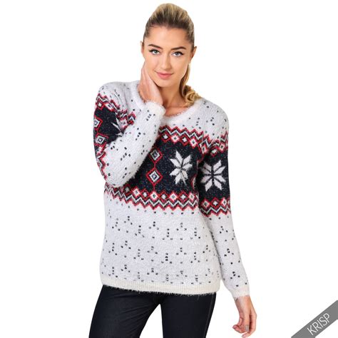 Womens Fluffy Knit Fair Isle Xmas Christmas Jumper Ladies Retro ...