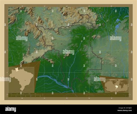 Roraima, state of Brazil. Colored elevation map with lakes and rivers. Corner auxiliary location ...