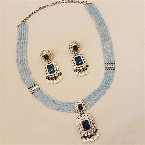 Rehemat Navy Blue Stone Gold & Rhodium Plated Victorian Set – AG'S