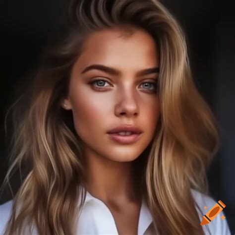 Beautiful blonde woman with long wavy hair in white shirt on Craiyon