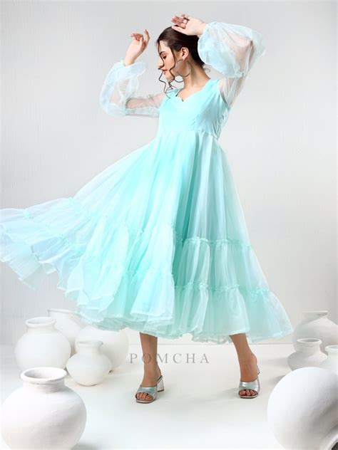 SADABHAR AQUA BLUE ORGANZA DRESS – Pomcha Jaipur