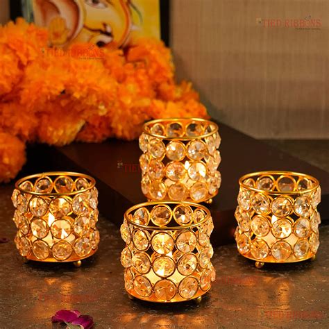 Buy TIED RIBBONS Set of 4 Golden Crystal Tealight Candle Holders for ...
