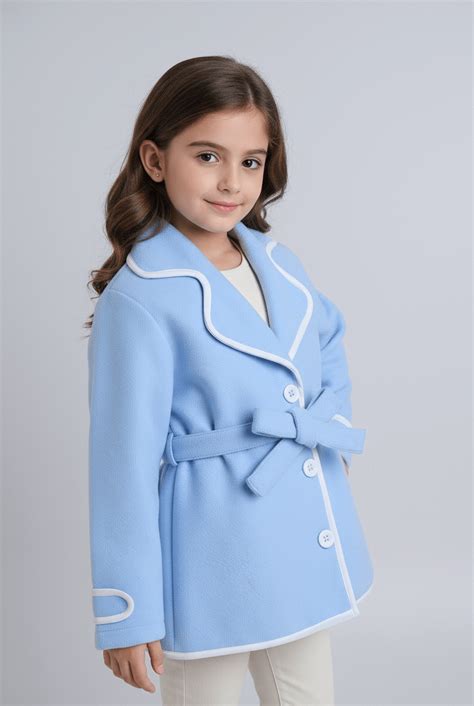 piping detail full sleeves winter jacket with tie up belt-Blue – taffykids