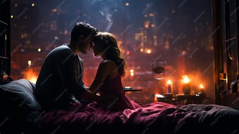 A romantic couple in love kissing on the bed at dark night view ...