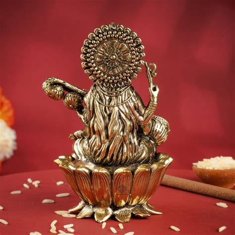 Pure Brass Saraswati Ji Idol Sitting on Lotus – Indian Art Villa