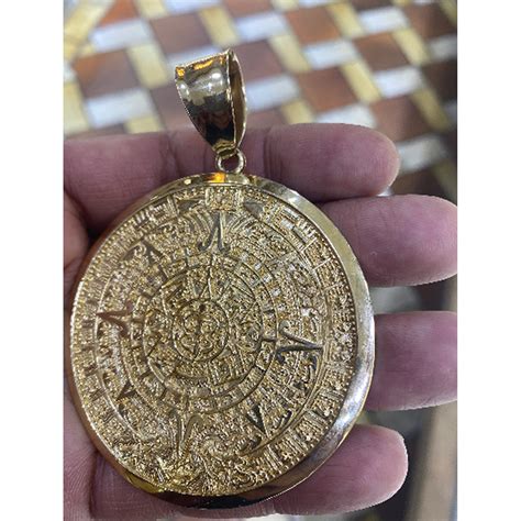 14K Yellow Gold Aztec Calendar Pendant - Sun Medal Necklace Charm ...