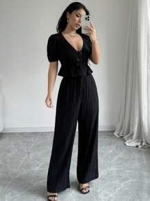 Selianne 2pcs Set: Bow-Tie Front Puff Sleeve Textured Fabric Black ...