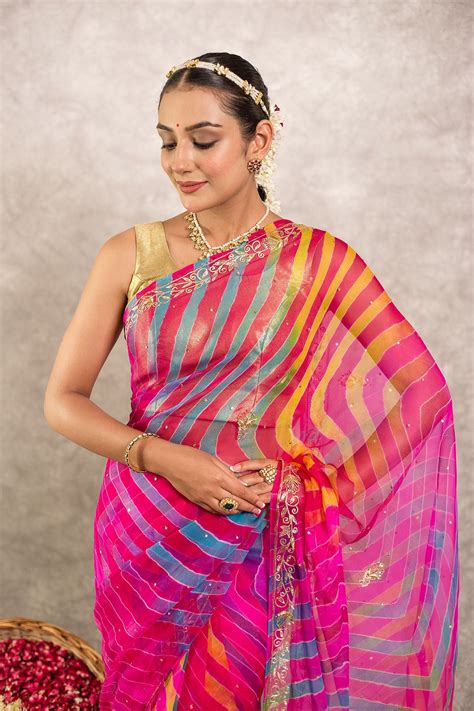 Multi lehariya Pure Georgette 20 Gsm aari sequins border butti handwor