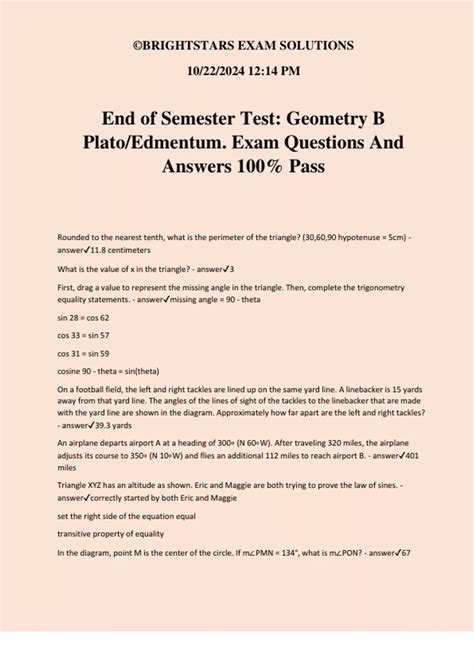 End of Semester Test: Geometry B Plato/Edmentum. Exam Questions And ...