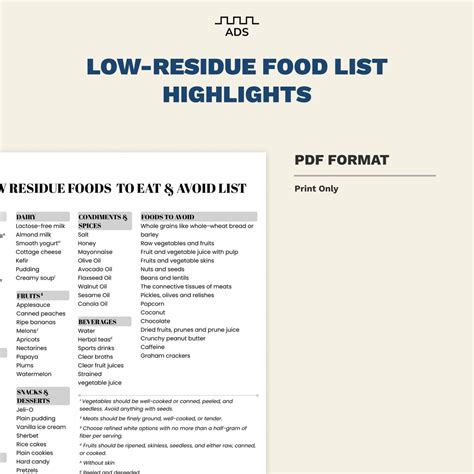 Low Residue Diet Food List: Printable Guide (PDF) - Etsy