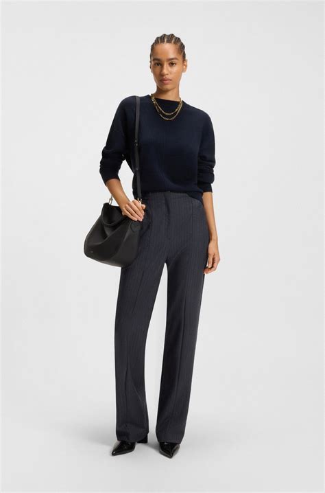 BOSS - Regular-fit bootcut trousers in patterned virgin wool - Dark Blue