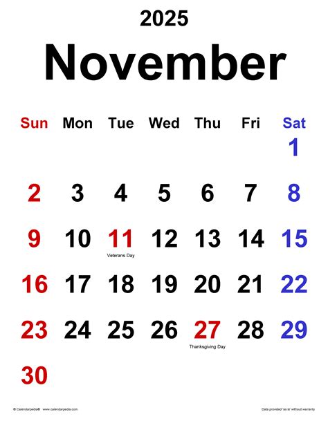 November 2025 Free Calendar Printable