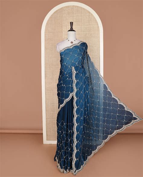 Navy blue ogee patterns kardana embroidered designer saree, stone embr