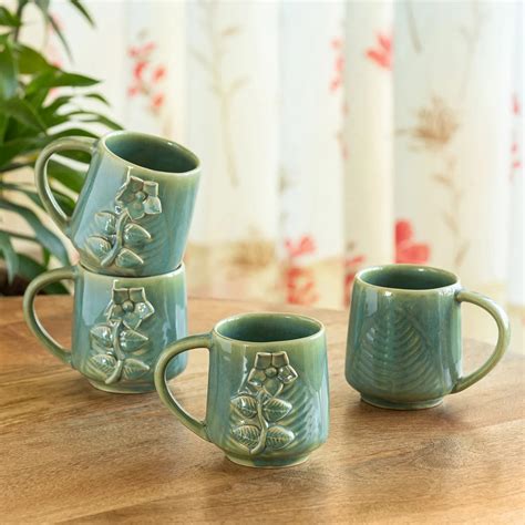 ExclusiveLane 'Sage Serenity' Ceramic Tea And Coffee Mugs (Set of 4, 3
