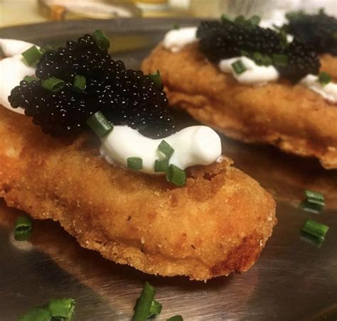 We do this every New Year’s Eve as a special. Chicken finger with crème fraiche, caviar and ...
