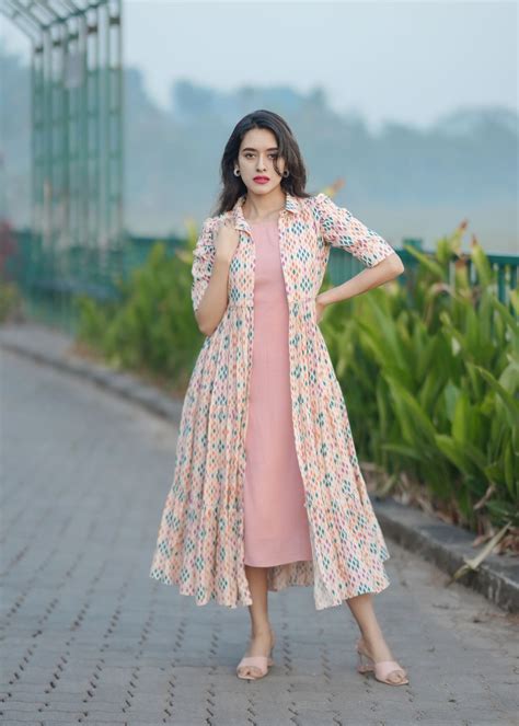 Women's cream & peach, multicolour long shrug dress