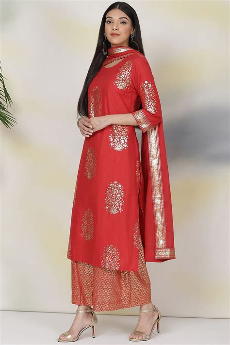 Buy Red Straight Cotton Straight Kurta Palazzo Suit Set Online at Biba ...