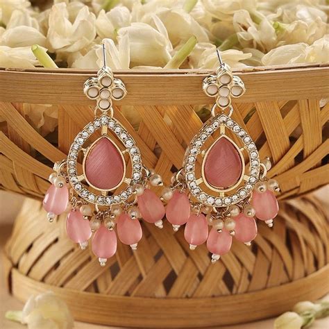 Buy Zaveri Pearls Pink Cat Eye Stones & Kundan Austrian Diamond Drop ...