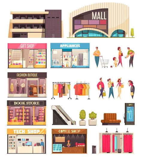Shopping mall icon set with mall gift shop fashion boutique book store ...