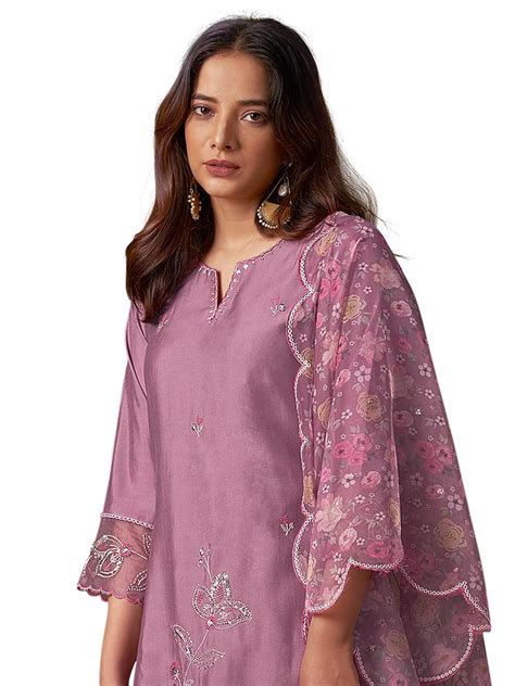 Buy INDO ERA Women's Silk Blend Lavender Embroidered Straight Kurta ...