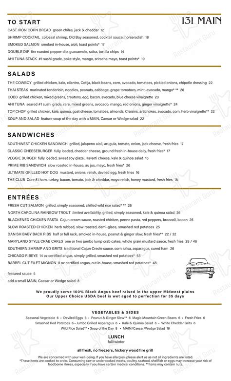 Menu at 131 MAIN Restaurant, Cornelius, Statesville Rd