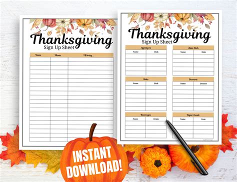 Thanksgiving Potluck Sign up Sheet, Thanksgiving Dinner Signup Sheet ...