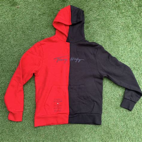 Tommy Hilfiger Men's Red and Black Hoodie | Depop