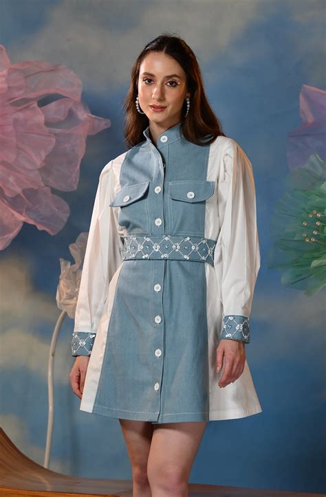 Blue & White Embroidered Shirt Dress – Ombrello Clothing