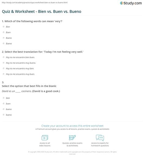 Quiz & Worksheet - Bien vs. Buen vs. Bueno | Study.com