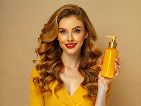 A beautiful woman holding a bottle of shampoo or conditioner hair ...