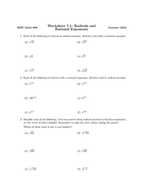 Worksheet 7 - Important notes - SEW Math 090 Worksheet 7: Radicals and ...