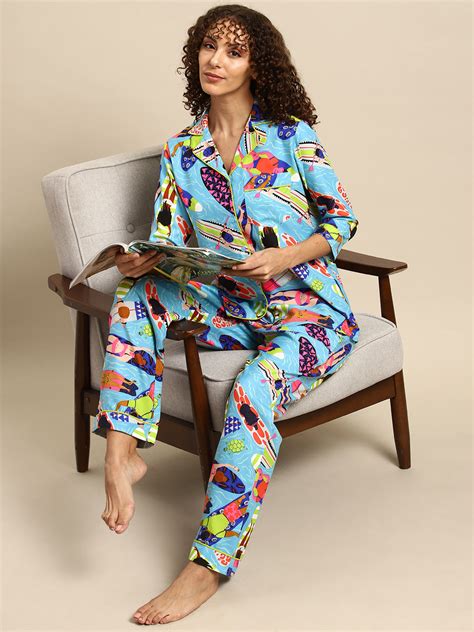 Shirt Pyjama nightwear set in Aqua Blue Print – Mabish Store